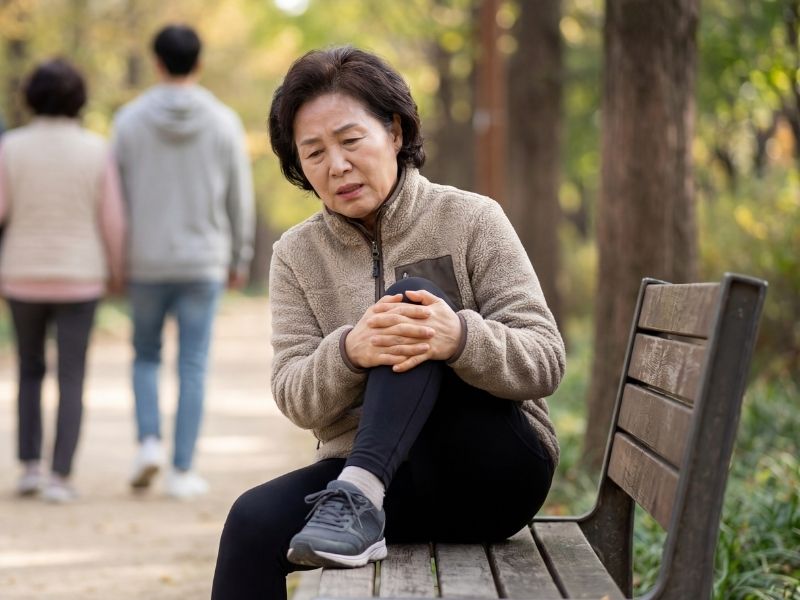 등산 중 무릎 잡는 모습