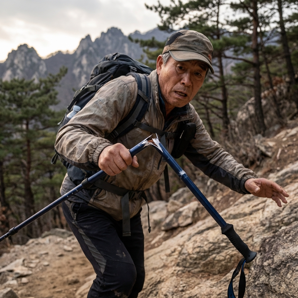 등산 중 지팡이가 부러지는 순간