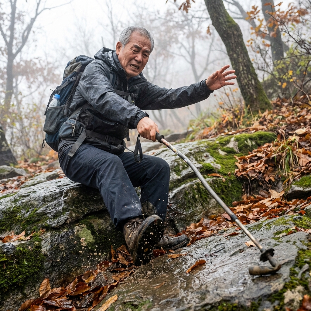 젖은 바위에서 미끄러지는 모습