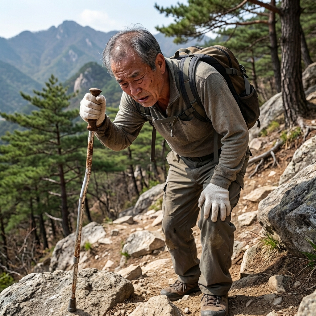 무거운 스틱으로 힘들게 등산하는 모습